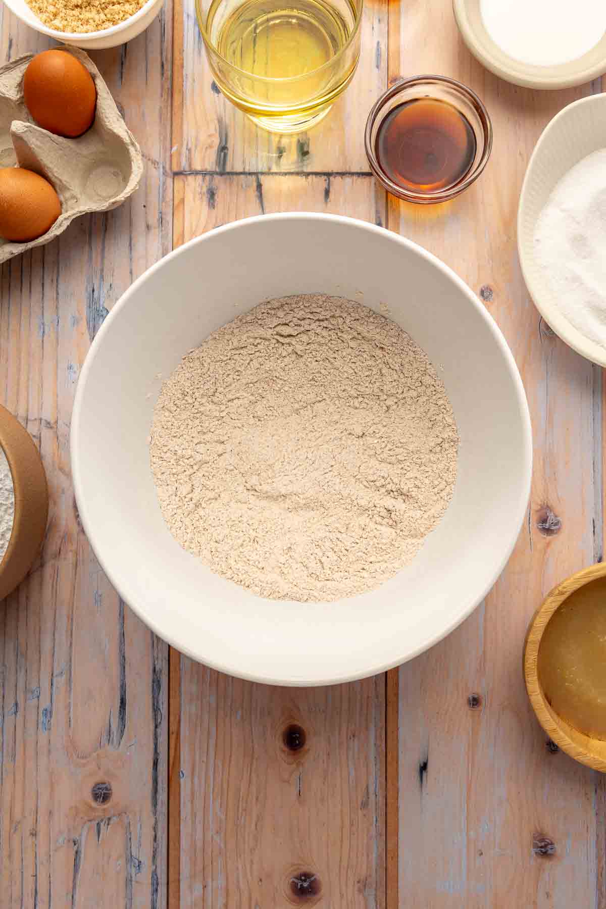 Flour mixture in a large white bowl.