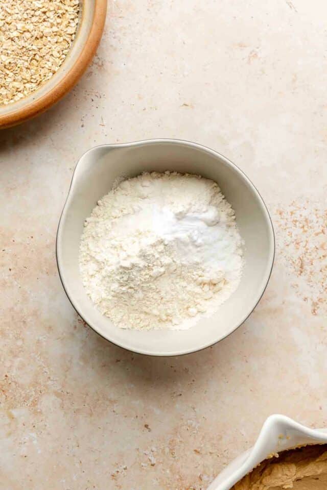 Flour, salt and baking soda in a small bowl.