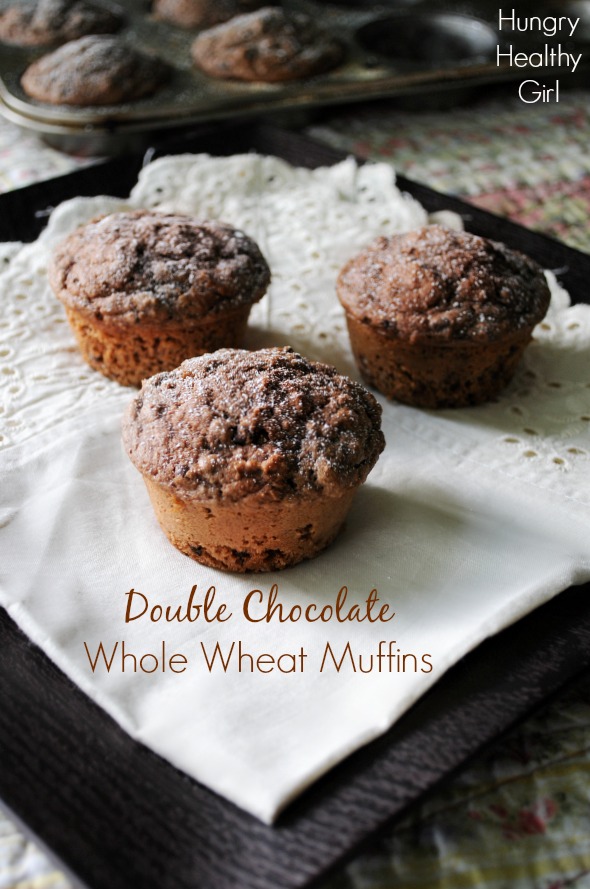 Double Chocolate Whole Wheat Muffins- A lightly sweetened scrumptious chocolate muffin, that's surprisingly healthy, made with good-for-you ingredients!