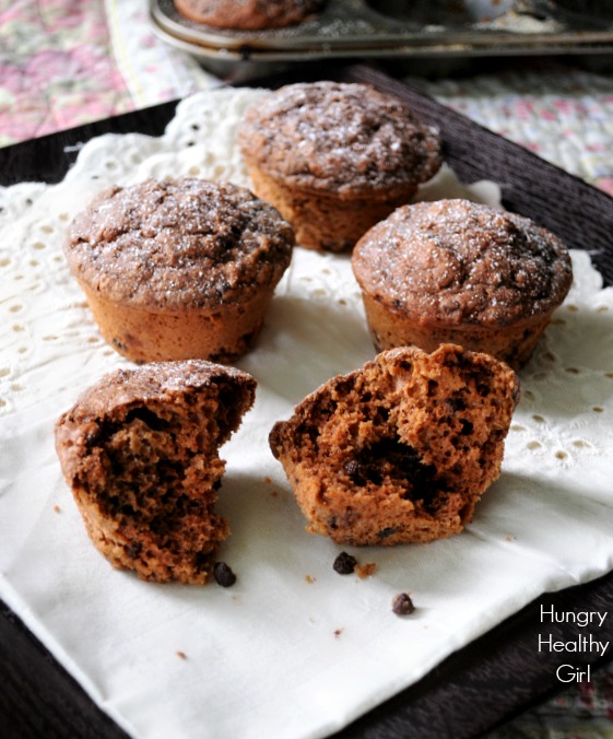 Double Chocolate Whole Wheat Muffins- A lightly sweetened scrumptious chocolate muffin, that's surprisingly healthy, made with good-for-you ingredients!