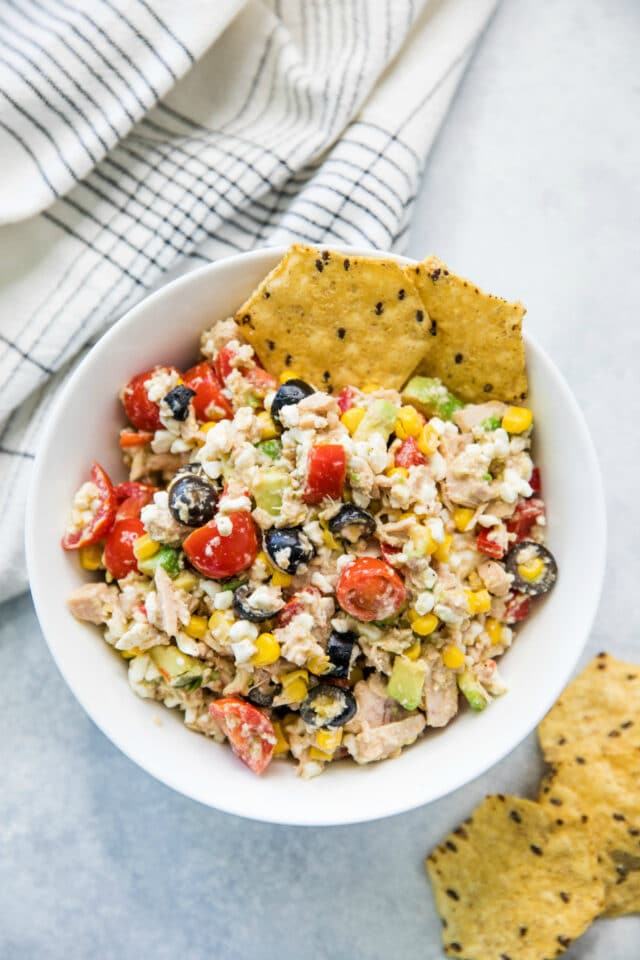 Cottage Cheese Tuna Salad in a white bowl served with tortilla chips