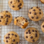 chocolate chip muffins on a wire cooling rack