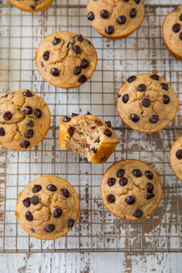 chocolate chip muffins on a wire cooling rack