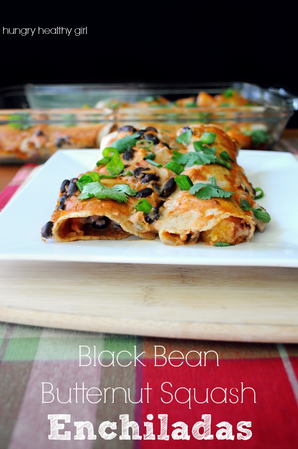 Black Bean Butternut Squash Enchiladas- This healthy enchiladas bake up warm, bubbly and super creamy! #vegetarian #glutenfree