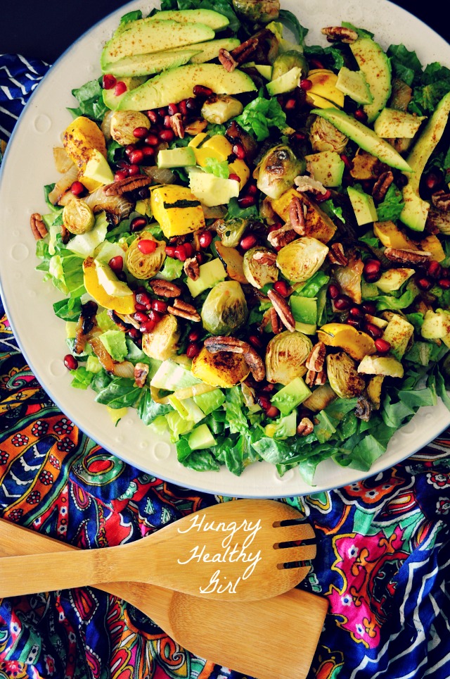 Autumn Harvest Salad with Roasted Squash, Brussels Sprouts, Caramelized Onions and topped with a sweet maple vinaigrette.