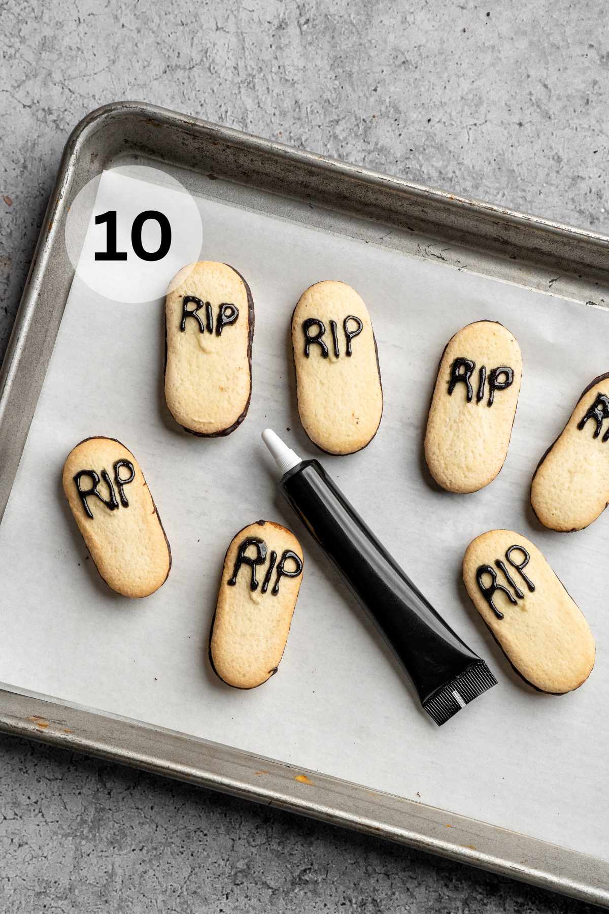 Milano cookies with RIP written on them with black gel icing.