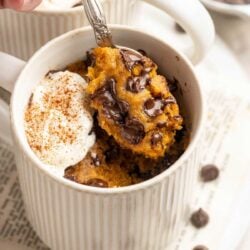 Spoonful of pumpkin mug cake with chocolate chips.