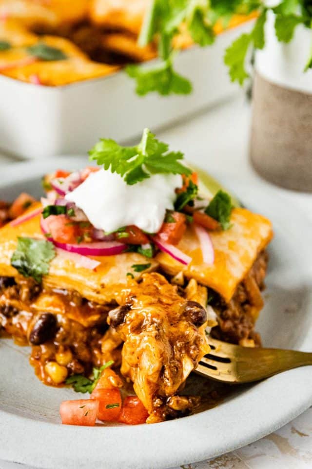 mexican lasagna on a fork