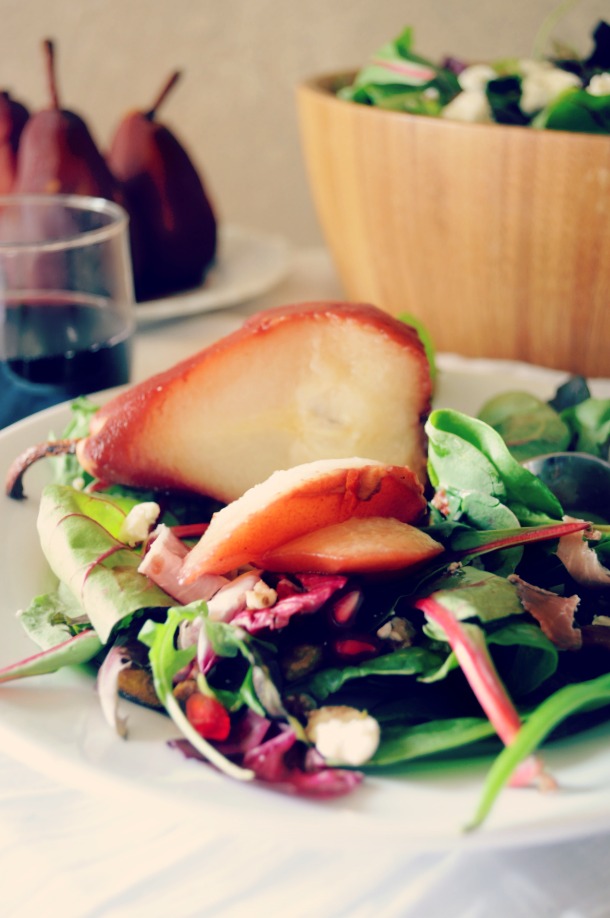 Succulent poached pear salad- fancy, yet simple to create.