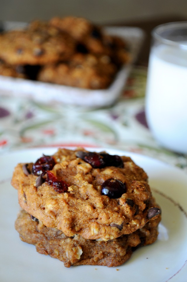 Oatmeal Pumpkin Cookies with chocolate chips and cranberries- soft, scrumptious and made healthier with whole wheat pastry flour.