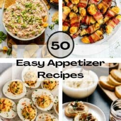 Easy appetizer ideas showing dip, poppers, deviled eggs and crostini.
