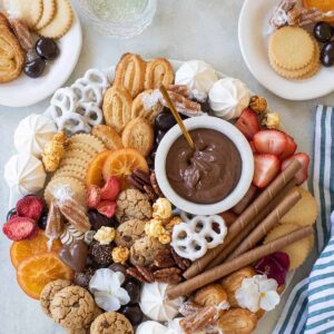 Dessert charcuterie board with chocolate and cookies.