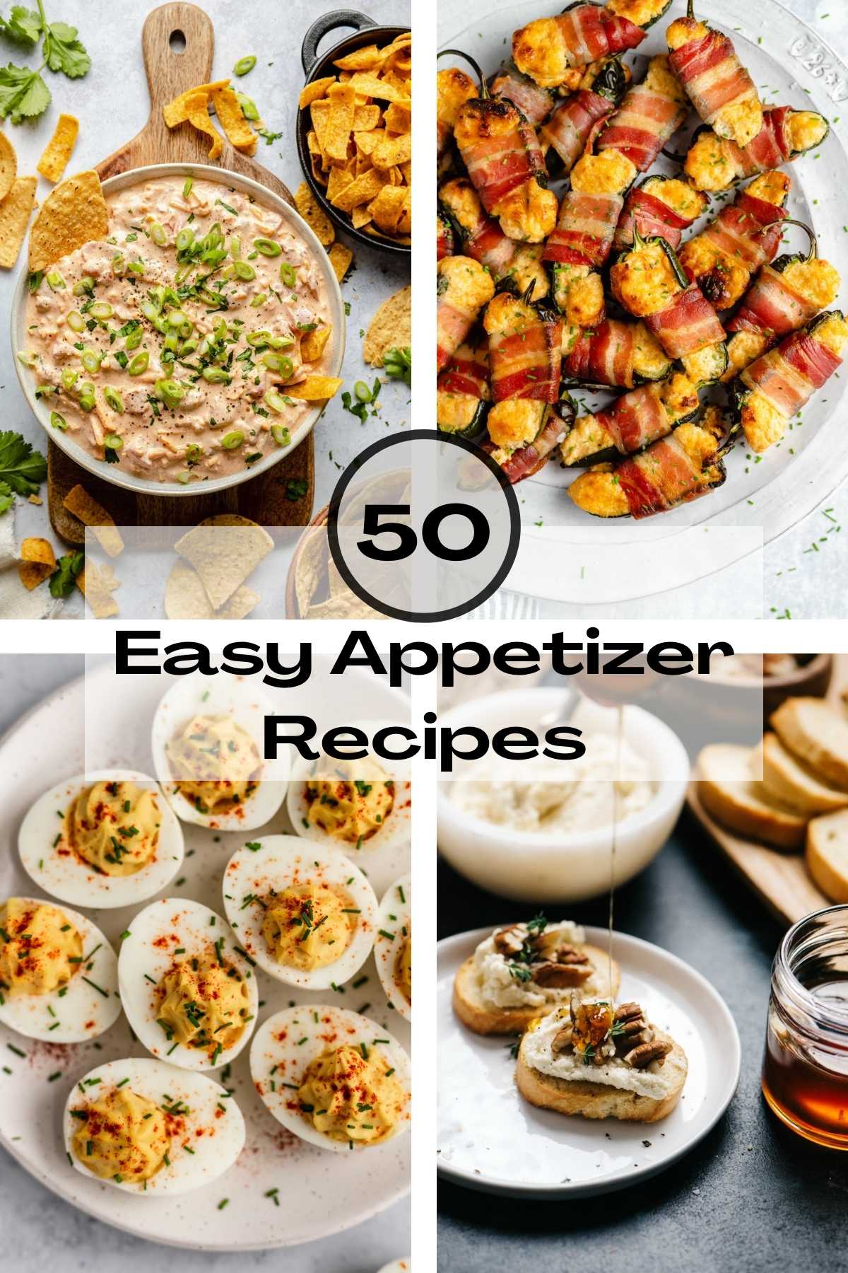 Easy appetizer ideas showing dip, poppers, deviled eggs and crostini.
