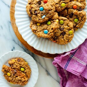 Monster cookies on a white plate.
