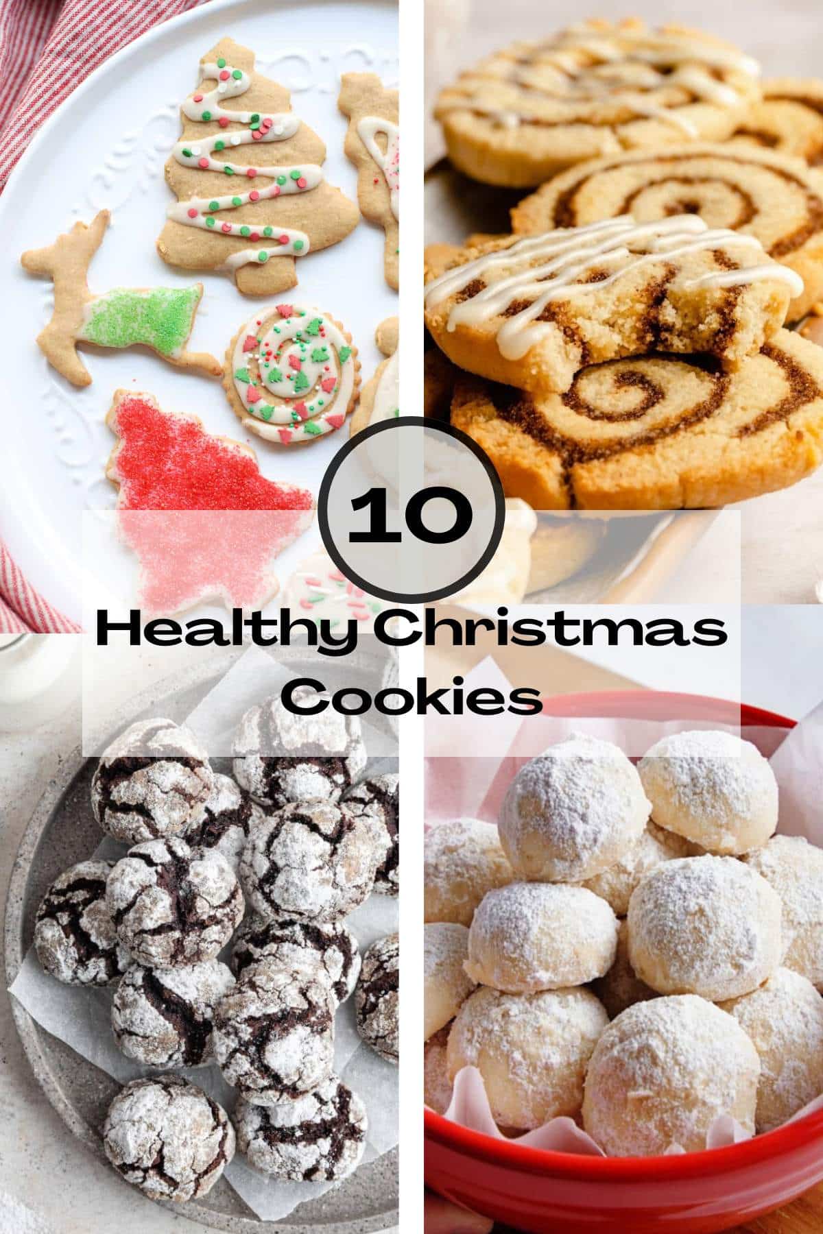 A collage of iced sugar cookies, cinnamon roll cookies, chocolate crinkle cookies and snowball cookies.