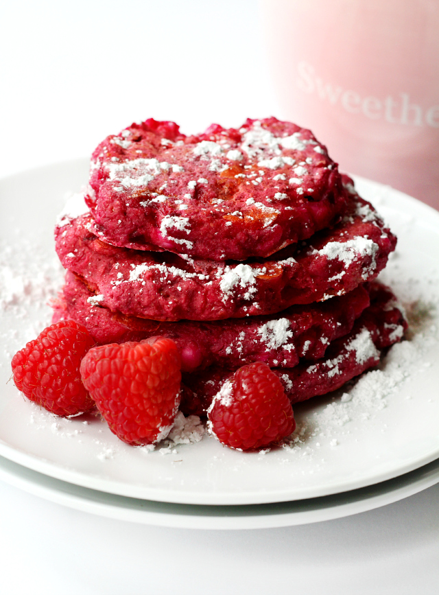 Pretty Red Pancakes made red with beets. The perfect breakfast treat for your Valentine sweetie.