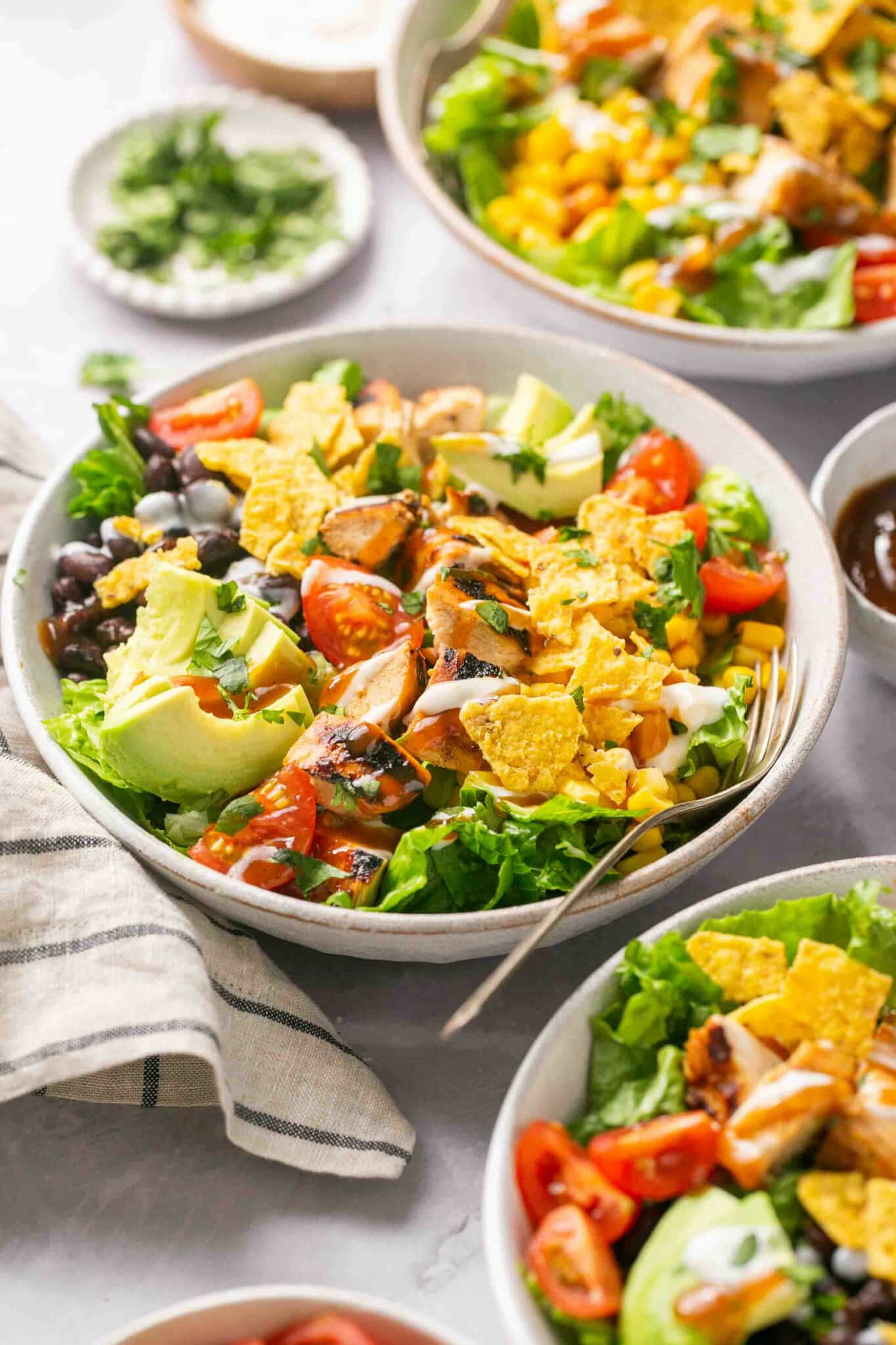 Chicken salad with tomatoes, black beans and corn.