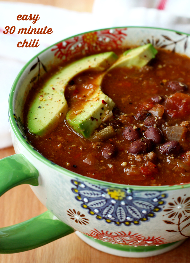 An easy 30 minute chili recipe perfect for lazy snow days, inside by the fireplace! You won't believe how incredibly tasty this quick and easy chili is.