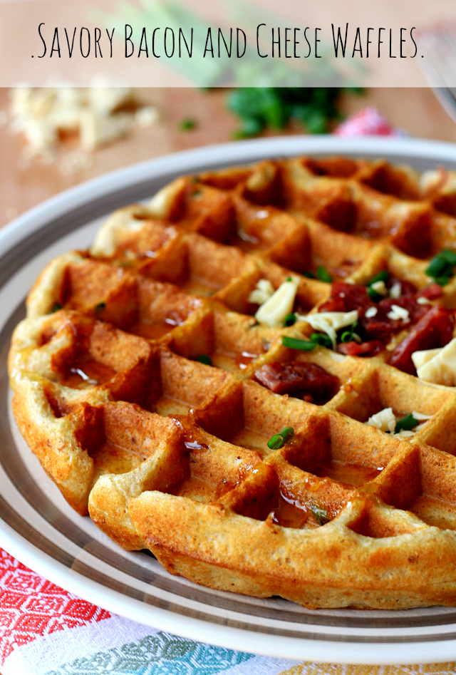Savory Bacon and Cheese Waffles- sweet waffle batter with savory bacon and cheese is truly a match made in breakfast heaven! 