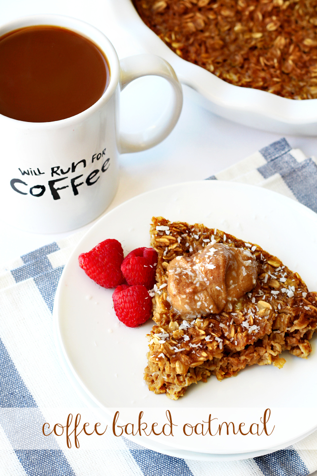 This coffee baked oatmeal is such a treat- oats baked with coffee and cashew milk and topped off with a dollop of peanut butter. 