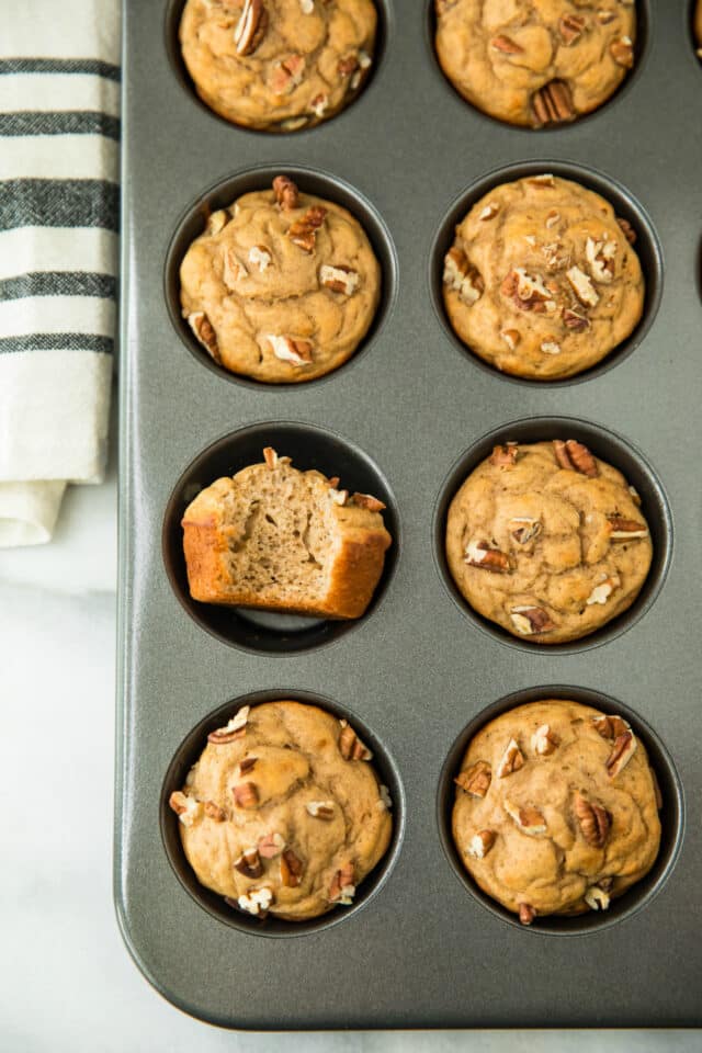 overhead view of Banana Nut Protein Muffins in a muffin pan