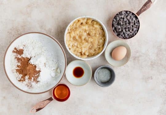 ingredients for banana protein muffins measured into individual bowls