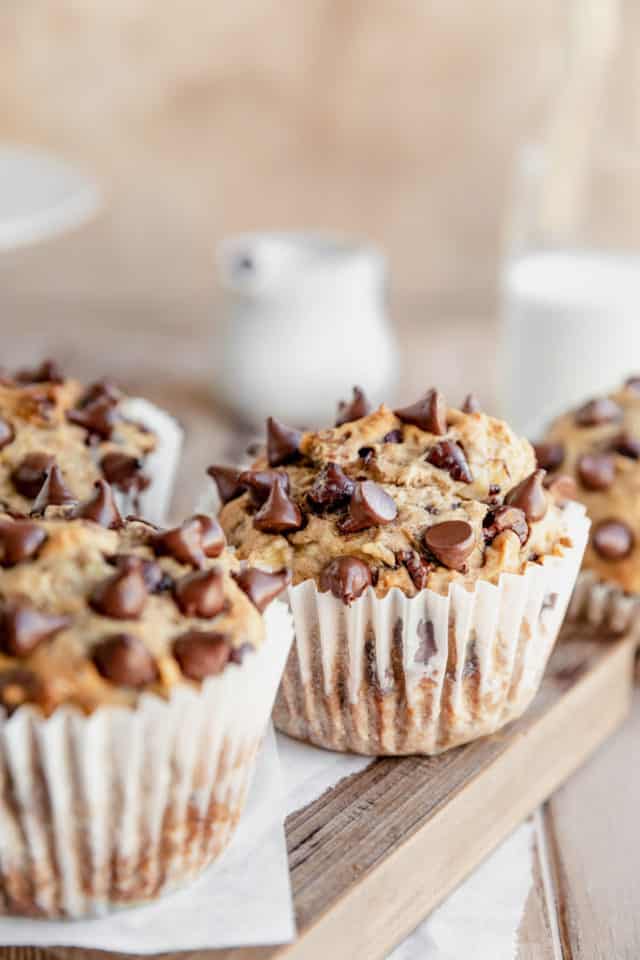 banana protein muffins topped with chocolate chips