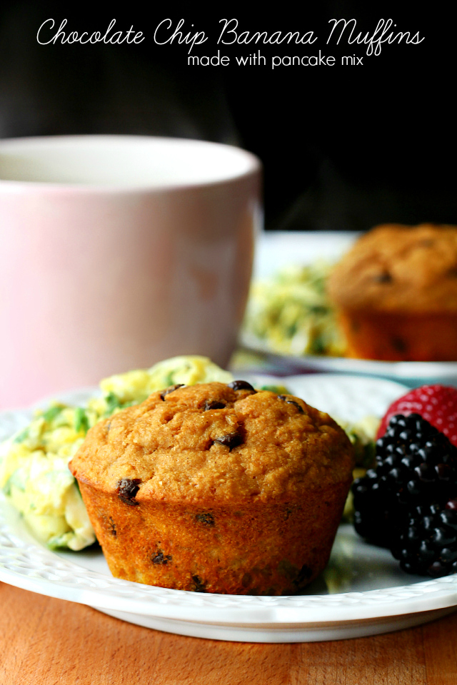 Chocolate Chip Banana Muffins made with pancake mix  will please even the pickiest of eaters! 