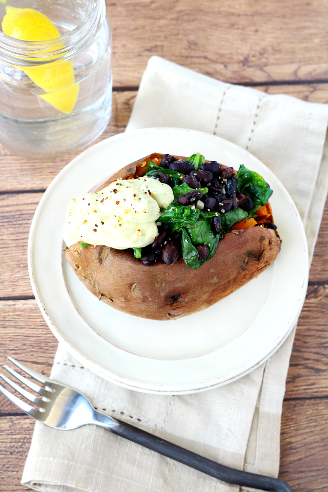 Black Bean and Spinach Stuffed Sweet Potatoes make for a light, but satisfying lunch or pair it with seared salmon or grilled chicken for a wonderful dinner. 