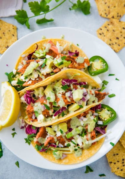 Seared Salmon Tacos with Avocado Crema - Kim's Cravings