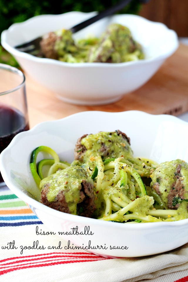 bison meatballs with zoodles and chimichurri sauce