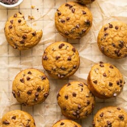 Pancake mix muffins with chocolate chips.