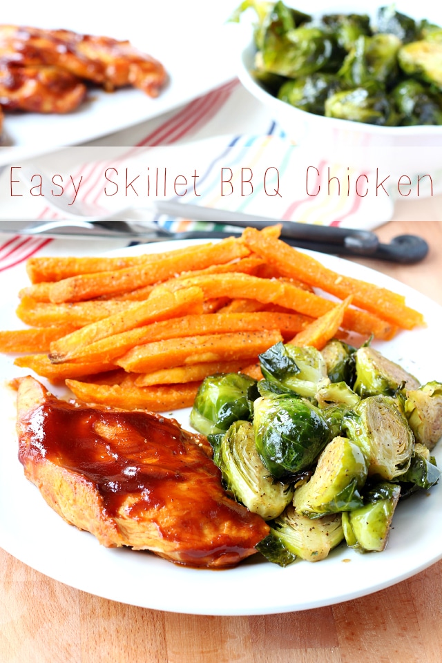 A quick, tasty, balanced meal is exactly what I'm after and this easy skillet BBQ chicken with Brussels sprouts and sweet potato fries is the perfect fix. The meal comes together in less than 30 minutes, it has tons of flavor and takes very little prep.