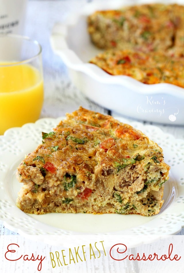 Easy Breakfast Casserole with turkey sausage, kale and tomatoes- perfect for whipping up when you have a large army (or a few friends) to feed and don’t want to spend all morning in the kitchen.