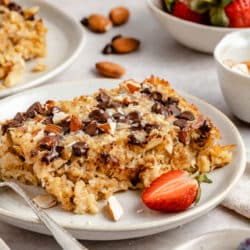 baked oatmeal made with almonds, coconut and chocolate chips