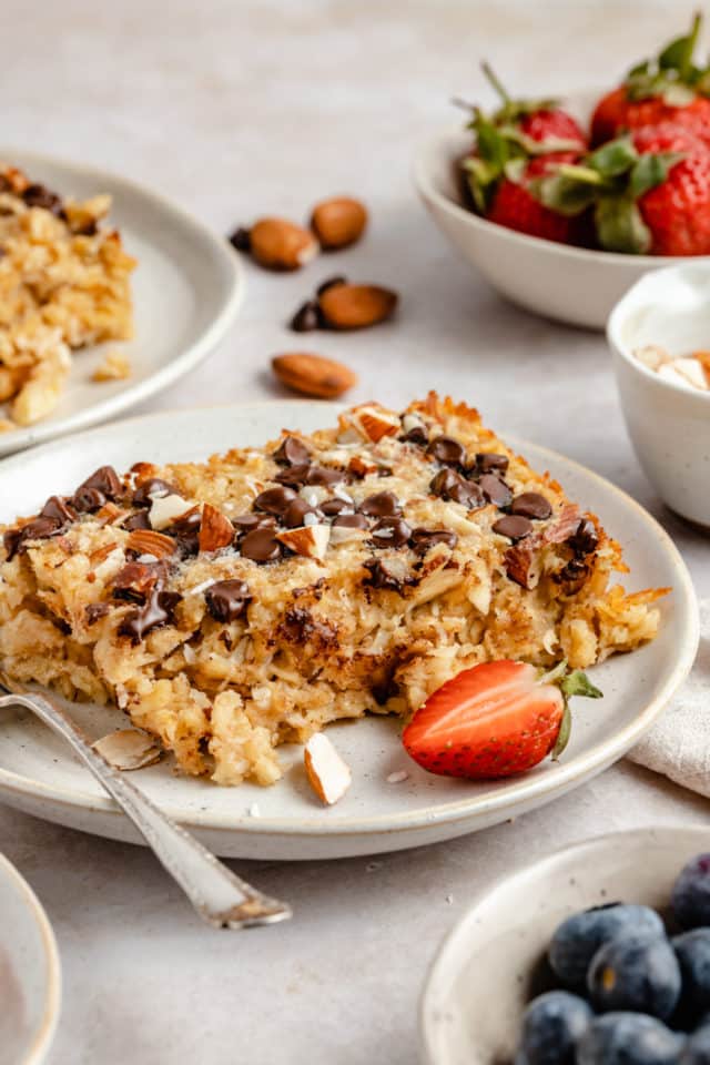 baked oatmeal made with almonds, coconut and chocolate chips