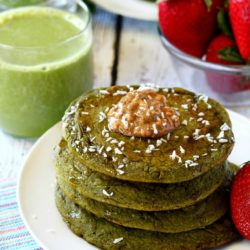 No need to worry about the color- these green smoothie pancakes have the loveliest sweet flavor and you won’t even taste the spinach!