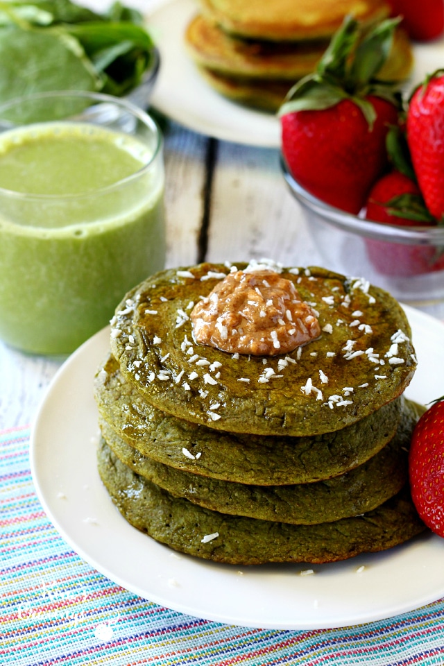 No need to worry about the color- these green smoothie pancakes have the loveliest sweet flavor and you won’t even taste the spinach! 