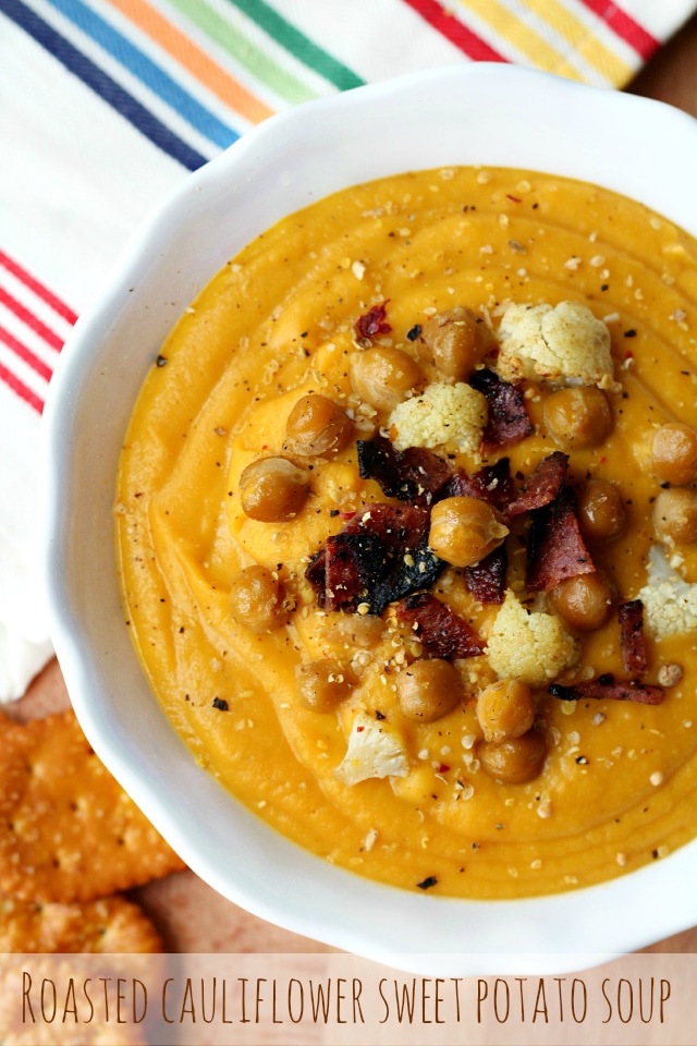 Roasted Cauliflower Sweet Potato Soup has a lovely depth, is slightly sweet from the sweet potatoes and lusciously creamy from the roasted cauliflower.