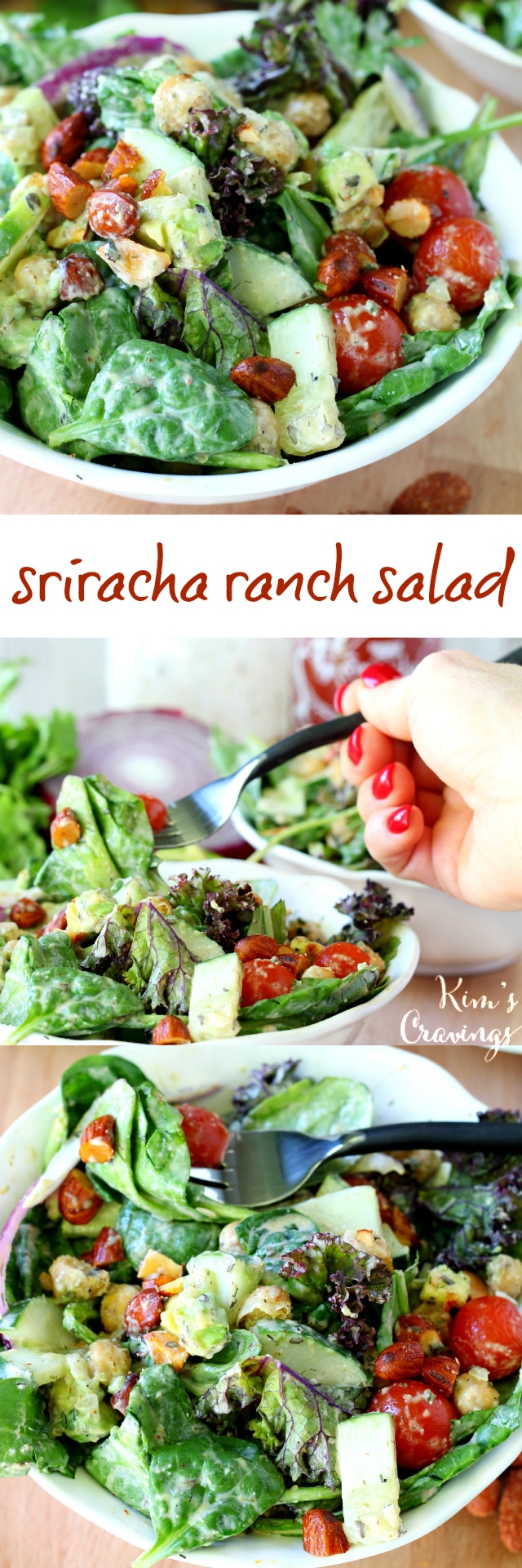 Sriracha Ranch Salad is a blend of some of my favorite ingredients with some major pizzazz from homemade ranch, kicked up a notch with sriracha sauce.