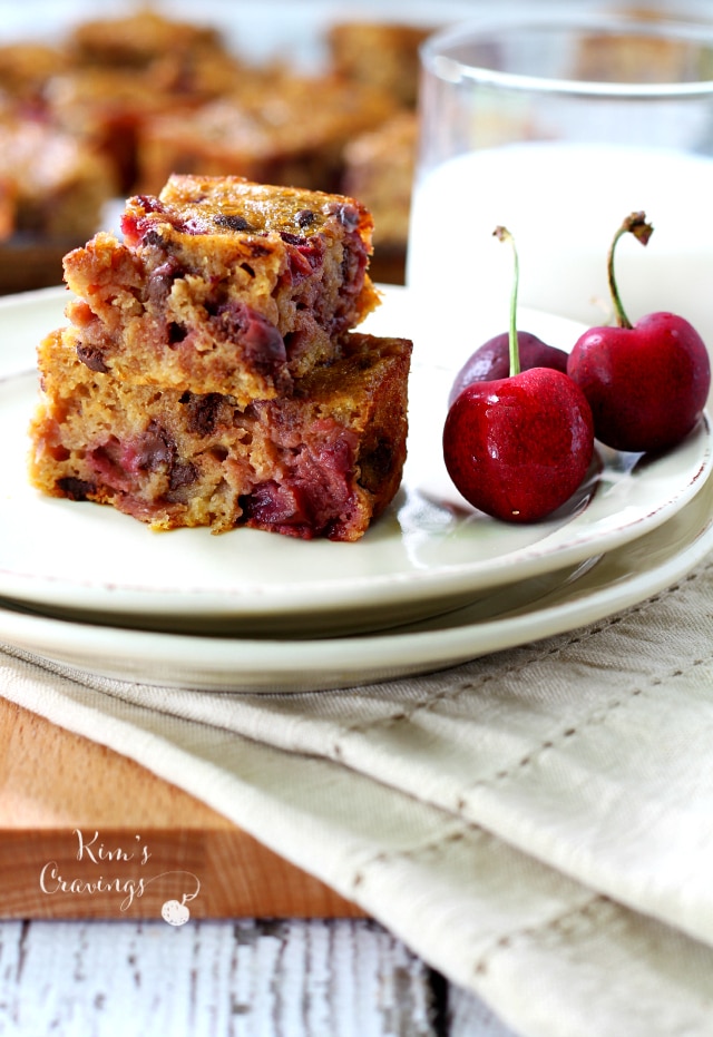 Chocolate Chip Cherry Banana Blondies- juicy cherries combine with chocolate chips and sweet ripe bananas for an incredibly scrumptious treat!