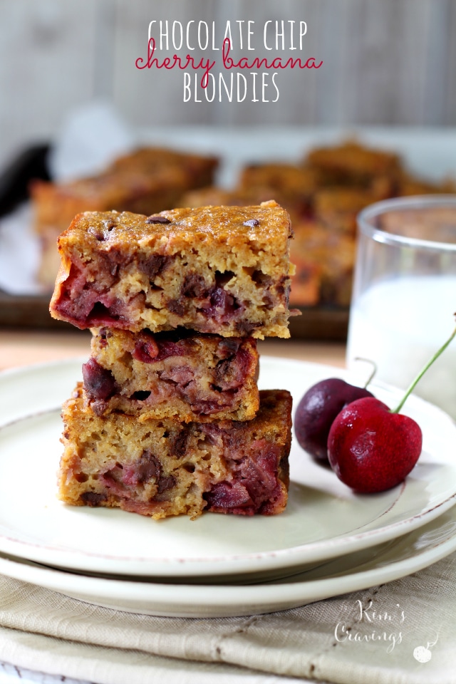 Chocolate Chip Cherry Banana Blondies- juicy cherries combine with chocolate chips and sweet ripe bananas for an incredibly scrumptious treat! 