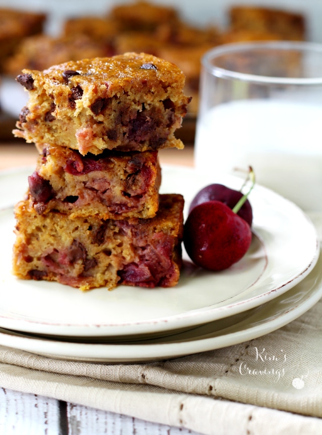 Chocolate Chip Cherry Banana Blondies- juicy cherries combine with chocolate chips and sweet ripe bananas for an incredibly scrumptious treat!