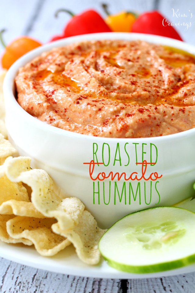 Roasted Tomato Hummus- a creamy, delicious, mild tasting hummus with flavors of summer. Dip it, spread it on sandwiches or use it as a salad topping. 