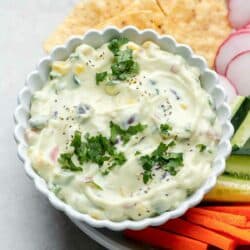 Cottage cheese dip in a bowl garnished with cilantro.
