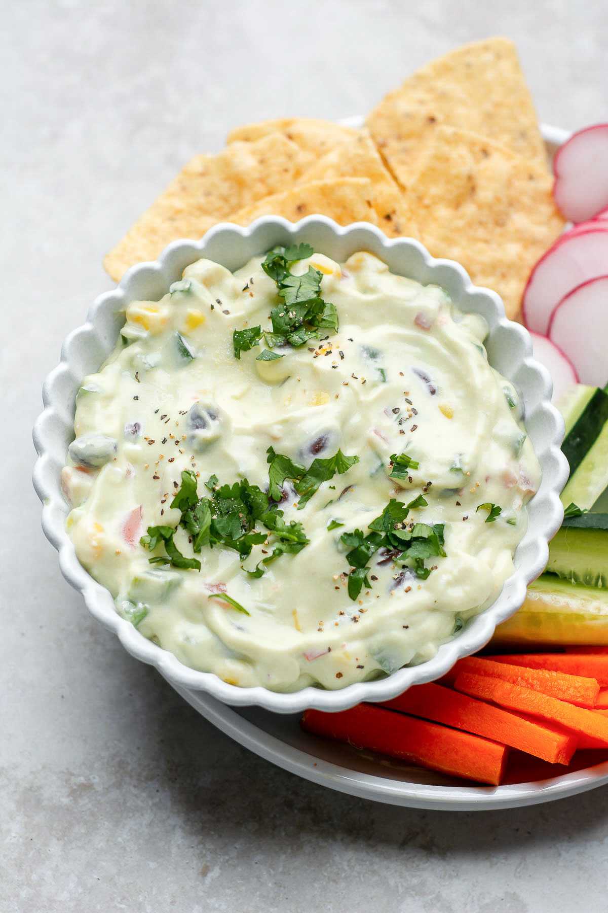 Cottage cheese dip in a bowl garnished with cilantro.