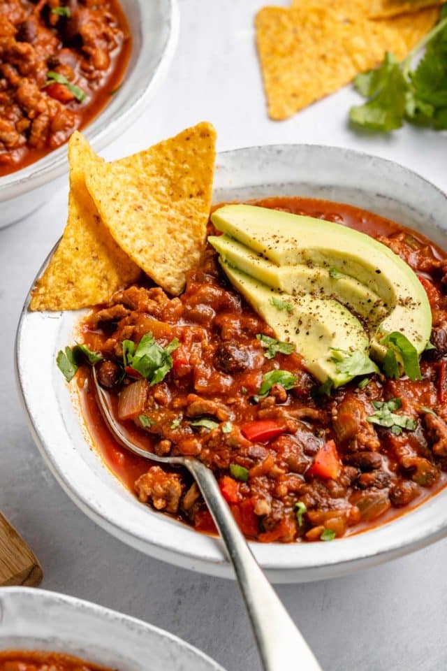 bison chili served with tortilla chips