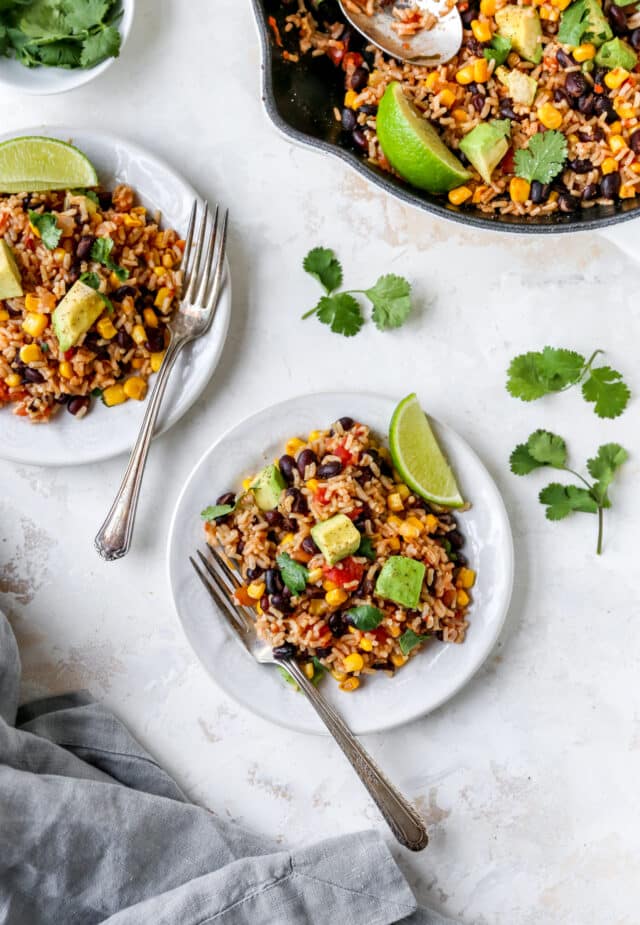Mexican brown rice with black beans, corn and avocado