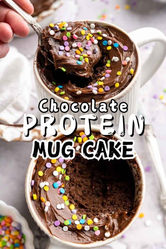 Chocolate protein mug cake topped with chocolate frosting and sprinkles.