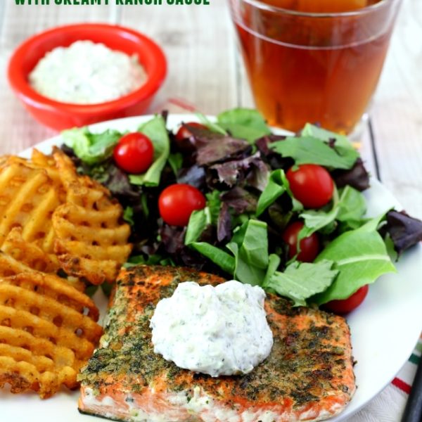 Ranch Seasoned Salmon seared to perfection and incredibly tasty thanks to my homemade ranch seasoning mix and topped with Creamy Ranch Sauce.